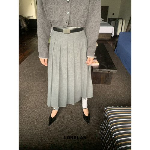 LOSLAN 2024秋冬新款韩系学院风西装毛呢高腰百褶中长款半身裙女