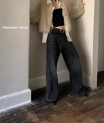 LONSLAN做旧洗水复古牛仔阔腿裤