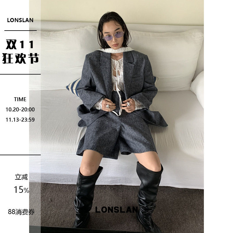 LONSLAN2025早秋新款 牛仔西装外套+中裤套装