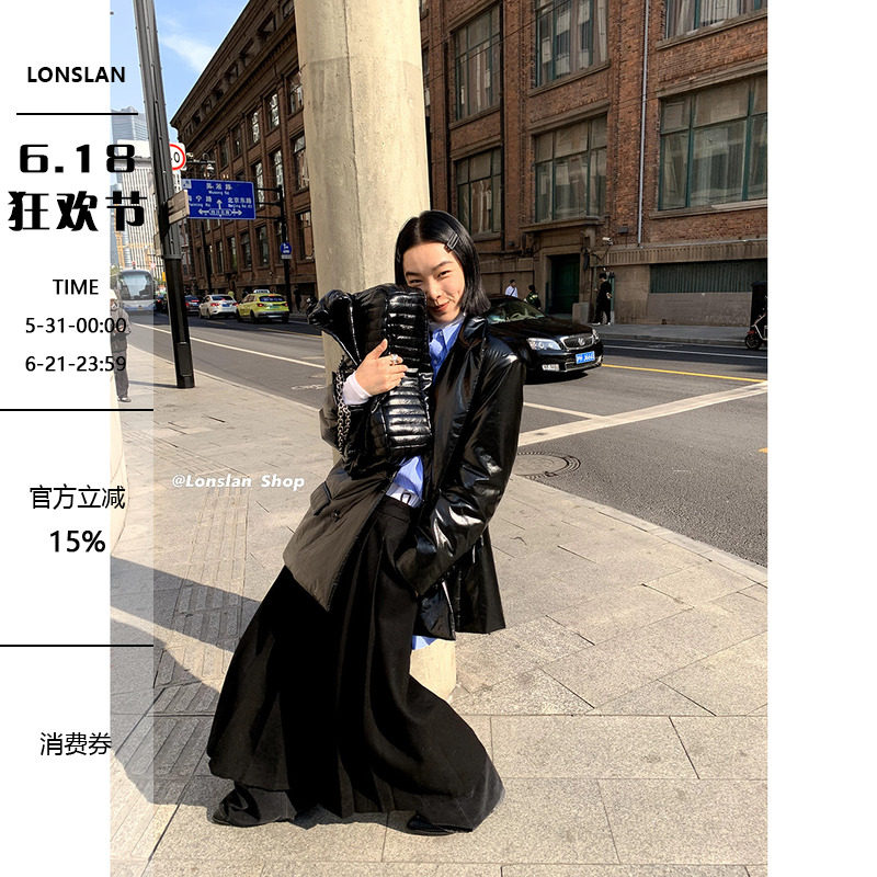 LONSLAN 2023秋冬新款百搭黑色V领纽扣皮衣外穿充棉外套上衣女