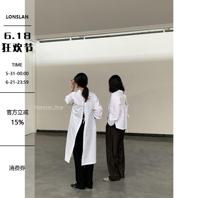 BF慵懒风前后两穿绑带白色衬衫女港风设计感小众衬衣宽松叠穿大码
