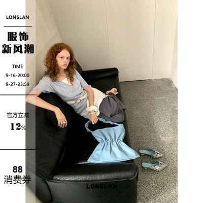 LONSLAN五分袖竖条纹针织T恤