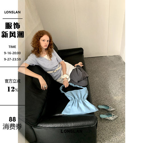 LONSLAN五分袖竖条纹针织T恤