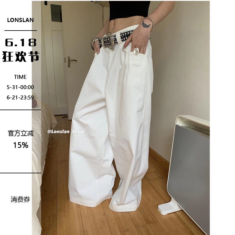 LONSLAN 韩版复古休闲显瘦质感直筒宽松插袋拖地阔腿裤