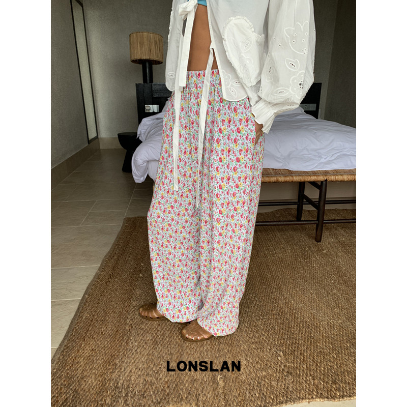 LONSLAN 26SUMMER小众压褶碎花缩脚松紧阔腿裤