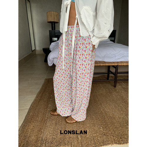 LONSLAN 26SUMMER小众压褶碎花缩脚松紧阔腿裤