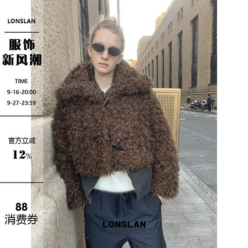 LONSLAN 24WINTER 12/9 20:00NEW卷卷毛牛角扣短款毛毛外套