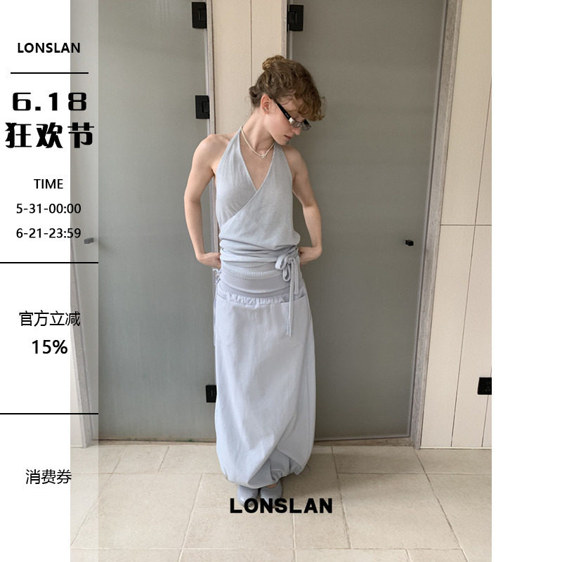 LONSLAN 2026春夏新品针织挂脖绑带背心+前插袋下摆抽绳半裙