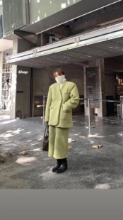 Lonslan韩剧女主复古简约气质保暖毛绒抹茶绿色显瘦ins风质感套装