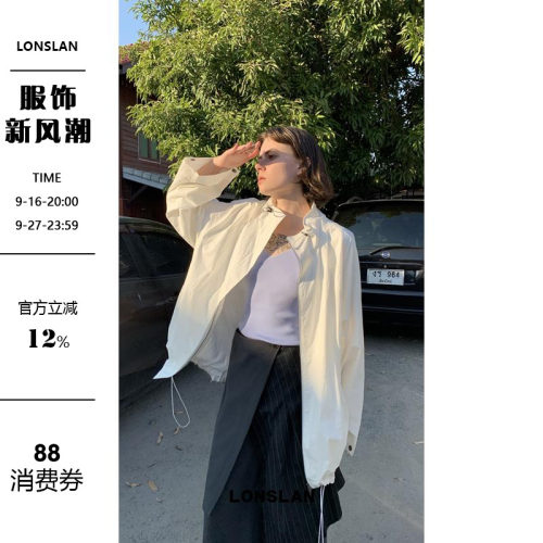 LONSLAN 2025春夏新款中长款宽松休闲百搭抽绳工装拉链外套上衣女