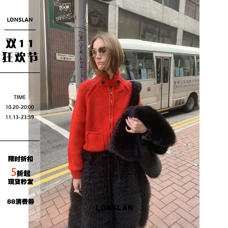 LONSLAN24WINTER 11/30 20:00NEW新年圣诞口袋立领红色毛衣