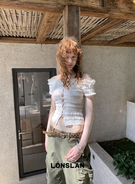 LONSLAN 25SUMMER  蕾丝短款系扣一字领上衣
