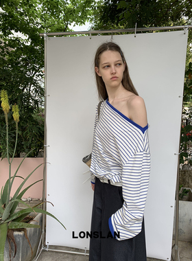 LONSLAN25SUMMER 蓝色条纹斜肩长袖慵懒T