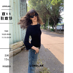 LONSLAN 26AW 秋冬新款一字领杂色复古八分喇叭袖收腰羊毛毛衣