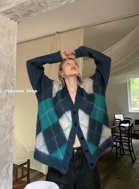 LONSLAN 2022 AW 9/19 20:00NEW拼色菱格马海羊毛开衫