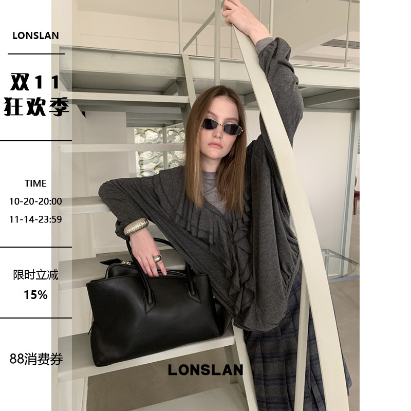 LONSLAN 25AW 简约设计感荷叶边大V领系扣上衣