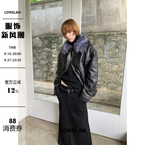 LONSLAN 2025秋季新款 毛领复古夹棉口袋拉链皮衣外套