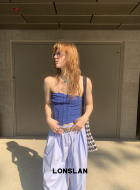 LONSLAN25SUMMER 不规则裁剪蓝色麂皮抹胸