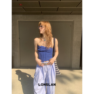 LONSLAN25SUMMER 不规则裁剪蓝色麂皮抹胸