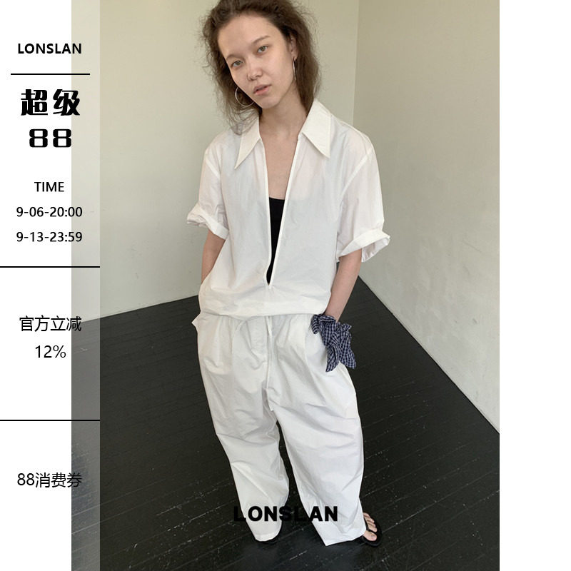 LONSLAN25SUMMER  深v翻领短袖衬衫+抽绳阔腿裤套装图片