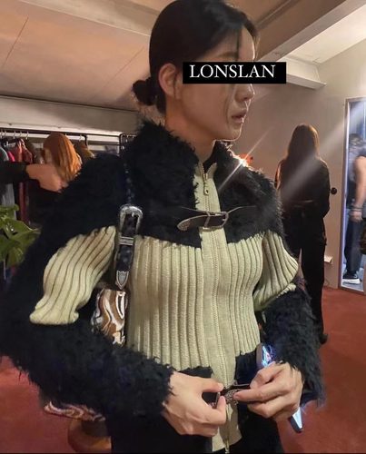 LONSLAN毛毛拼接针织皮带开衫