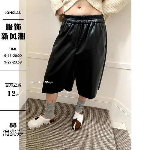 Lonslan松紧带皮短裤裤子女