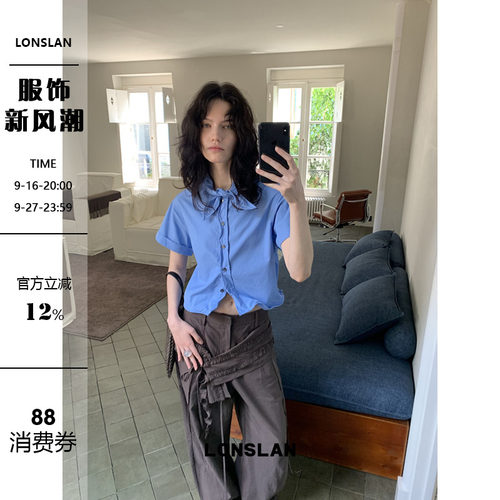 LONSLAN 26SUMMER蓝色领结扭扭短款衬衫