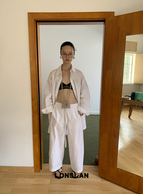 LONSLAN 2025春夏新款 大件宽松白色长款衬衫+九分抽绳衬衫裤套装
