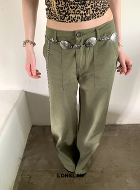 LONSLAN 2024 SUMMER 7/8 20:00 口袋军绿色阔腿裤