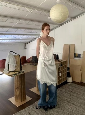 LONSLAN 2025SS NEW 缎面蕾丝不规则内搭吊带裙
