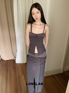 LOSLAN 25SS 拼色不规则设计背心+开叉挂绳半裙套装