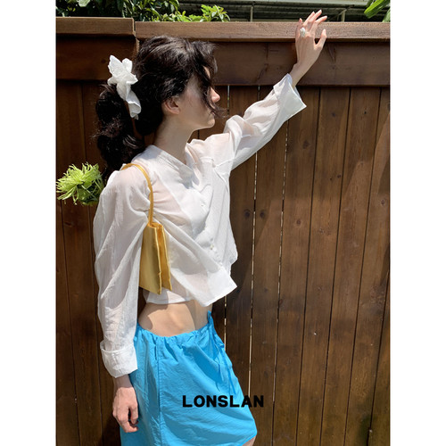 LONSLAN 26SUMMER棉麻短款立领防晒衬衫配发圈