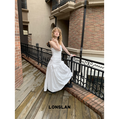 LONSLAN 2026春夏新品褶皱收腰抹胸大摆连衣裙