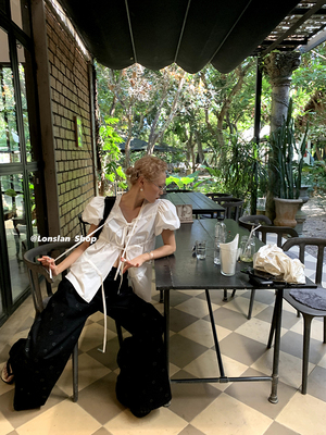 LONSLAN蝴蝶结系带泡泡袖衬衫