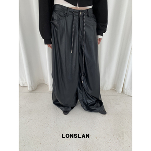 侧边褶皱抽绳皮裤 LONSLAN 2025秋季 新款 阔腿裤