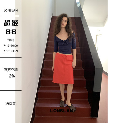 LONSLAN2026夏季新款棉麻绑带半裙