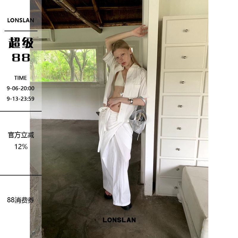 LONSLAN 2024 SUMMER 7/8 20:00NEW白衬衫+绑带半裙套装图片