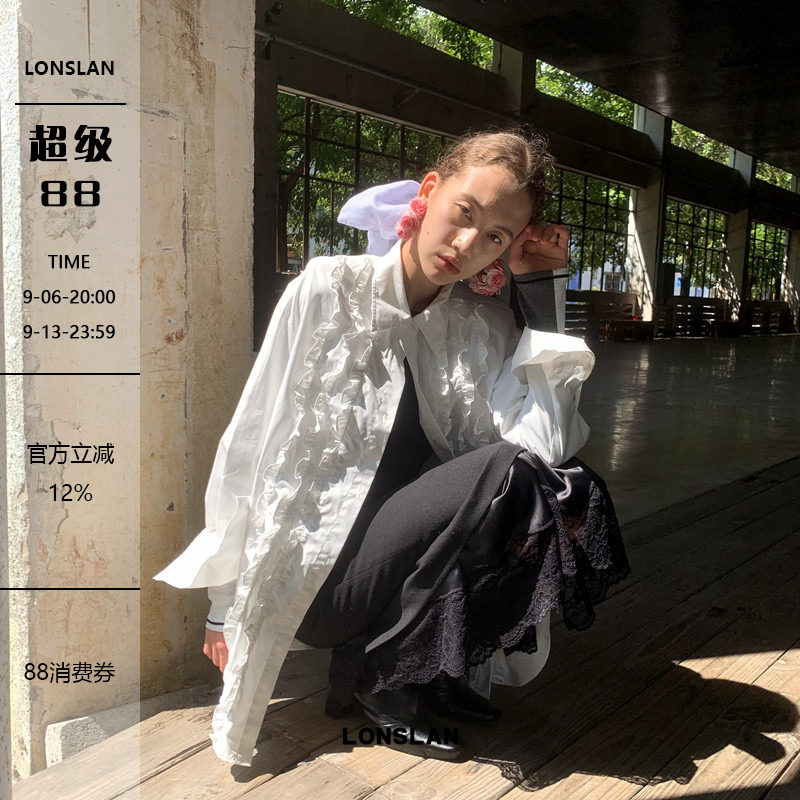 LONSLAN 2024秋季新款个性复古慵懒风花边衬衫图片