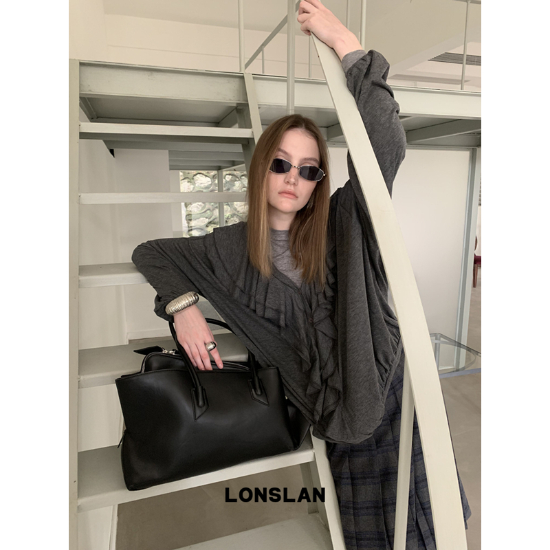 LONSLAN 25AW 简约设计感荷叶边大V领系扣上衣