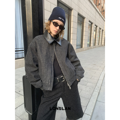 LONSLAN 24WINTER 12/9 20:00NEW皮领拼接牛仔工装棉服外套