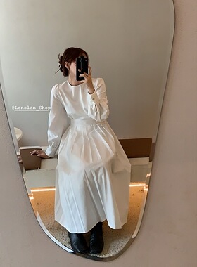 Lonslan 春夏复古圆领白色百褶中长款连衣裙法式气质洋气长裙