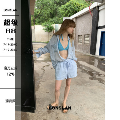 LONSLAN2026夏季新款薄款防晒长袖衬衫+抽绳短裤套装