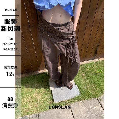 LONSLAN 26SUMMER不规则绑带棉麻阔腿裤