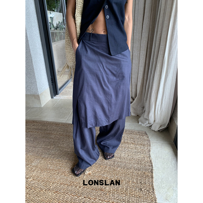 LONSLAN 26SUMMER亚麻藏青色假两件侧开叉裙裤