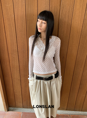 LOSLAN 25SS春夏新款 法式少女透视蕾丝V领长袖上衣