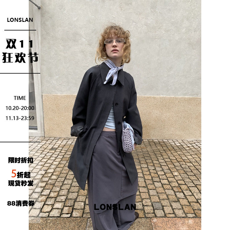 LONSLAN 2026春夏新品茧型肩设计中长款翻领西装外套