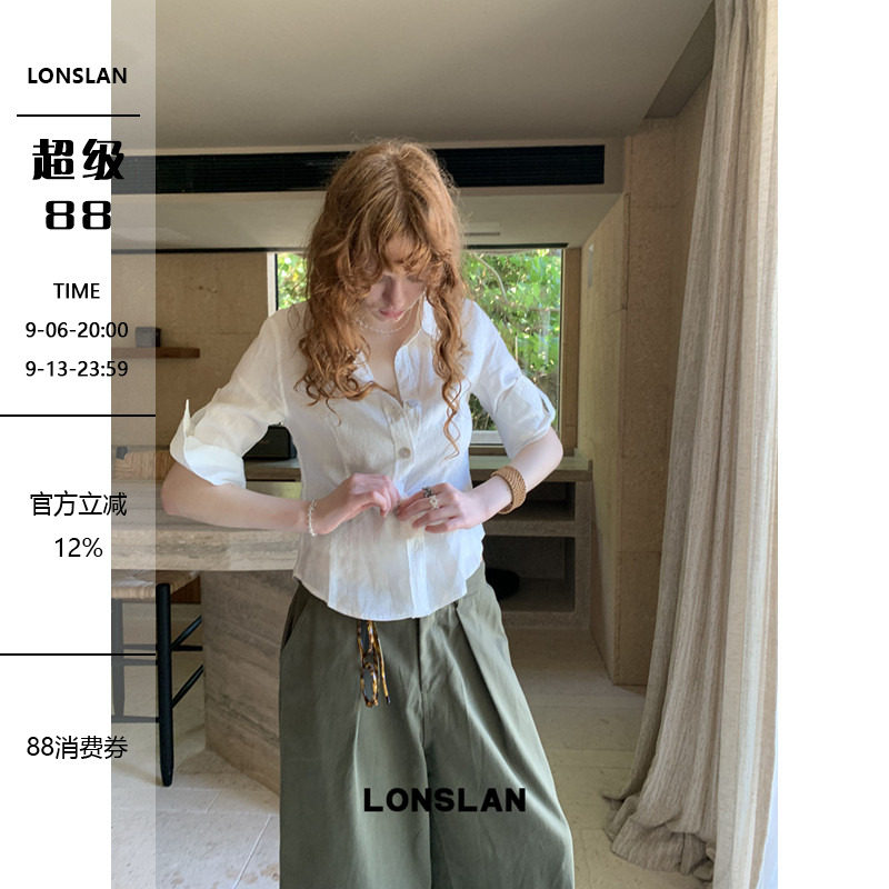 LONSLAN 2026 SUMMER 袖口翻折短袖棉麻衬衫图片