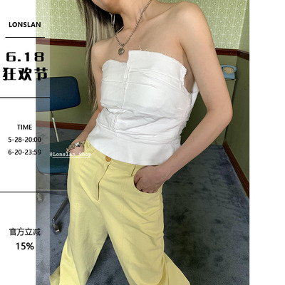 Lonslan 2021夏季新款设计感小众撕边白色褶皱拼接抹胸上衣女个性