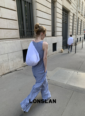 LONSLAN 2025 SUMMER 蓝色背心+阔腿裤条纹套装