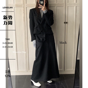 自制秋款 半身裙两套装 黑色长袖 外套高腰西装 女 一粒扣西装 Lonslan